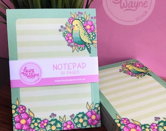 Blessid Budgies A6 Notepad - Laura Wayne Design - Notes - Note Pad - Bird Writing Paper