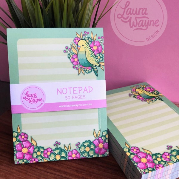 Blessid Budgies A6 Notepad - Laura Wayne Design - Notes - Note Pad - Bird Writing Paper