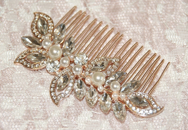 Classic Bridal Comb Crystal Pearl Leaf Headpiece Rhinestone Hair Piece Bridesmaid Side Comb Spring Wedding Rose Gold Wedding Hair Comb