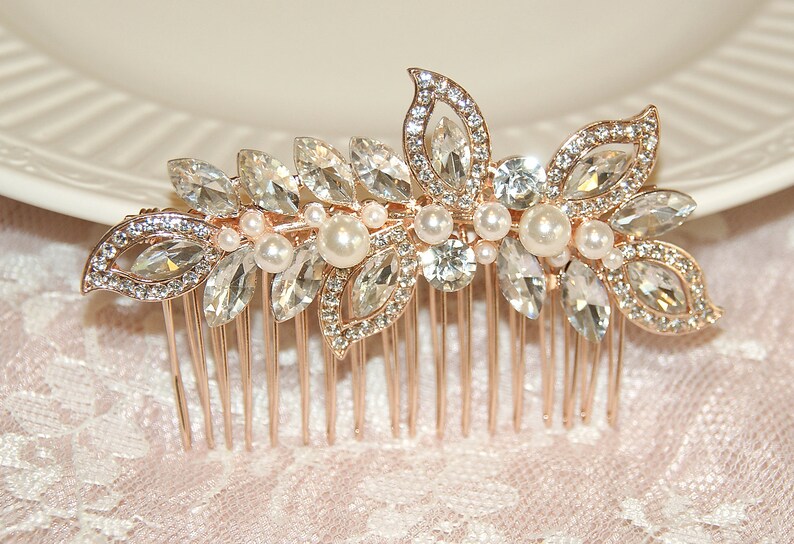 Classic Bridal Comb Crystal Pearl Leaf Headpiece Rhinestone Hair Piece Bridesmaid Side Comb Spring Wedding Rose Gold Wedding Hair Comb