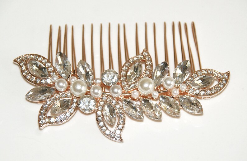 Classic Bridal Comb Crystal Pearl Leaf Headpiece Rhinestone Hair Piece Bridesmaid Side Comb Spring Wedding Rose Gold Wedding Hair Comb