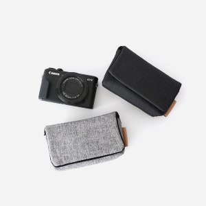 May include: Two camera cases, one black and one gray, with a black Canon G7X camera in the center.