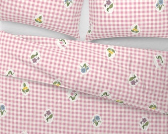 Light Pink Gingham Check with Flowers Duvet Cover and Shams, Cottage Duvet Cover and Shams, Spring Bedding