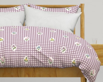 18th Century inspired Purple Gingham Check with Flowers Duvet Cover and Shams, Cottage Duvet Cover and Shams