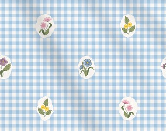 Blue Gingham Floral Fabric, Italian Cotton Sateen Fabric, Extra Wide 116" Fabric