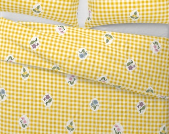 18th Century inspired Yellow Gingham Check with Flowers Duvet Cover and Shams, Cottage Duvet Cover and Shams