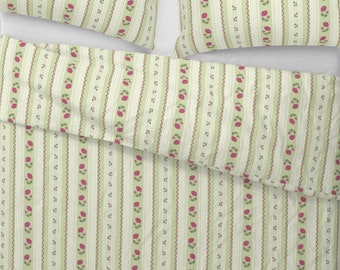 Green Vintage Style Stripe and Roses Duvet Cover and Shams, Cotton Sateen Bedding, Rococo Duvet Cover and Sham