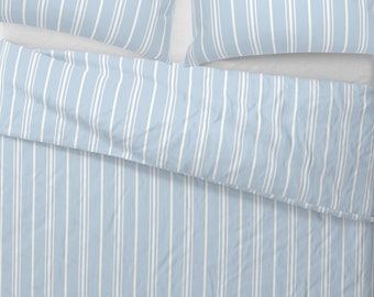 Blue and Off White Stripe  Duvet Cover and Shams, Spring Cotton Sateen Bedding, Classic Stripe Bedding