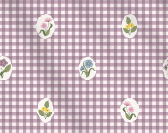 Purple Gingham Floral Fabric, Italian Cotton Sateen Fabric, Extra Wide 116" Fabric