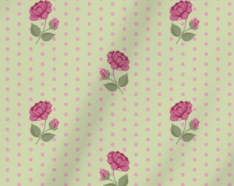 Extra Wide 116" Italian Cotton Sateen Fabric, Pink Roses and Polka Dots on a Green Background Cotton Fabric