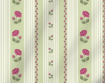 Extra Wide 116" Italian Cotton Sateen Fabric, Green and Off White Rococo Stripe with Roses and Rosebuds Fabric