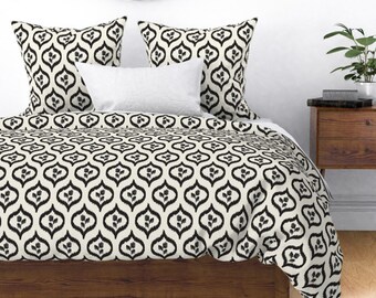 Black and Cream Duvet Cover and Shams Featuring Ikat Ogees and Flowers