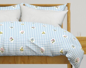 Blue Gingham Check with Flowers Duvet Cover and Shams, Cottage Duvet Cover and Shams, Spring Bedding
