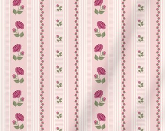 Pink and Off White Rococo Stripe with Roses and Rosebuds Extra Wide 116" Italian Cotton Sateen Fabric