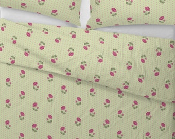 Green Duvet Cover and Shams with Dark Pink Roses and Polka Dots, Vintage Style Duvet Cover, Rococo Duvet Cover