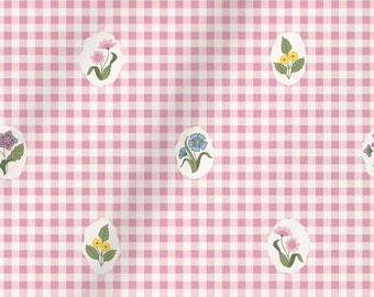 Pink Gingham Floral Fabric, Italian Cotton Sateen Fabric, Extra Wide 116" Fabric