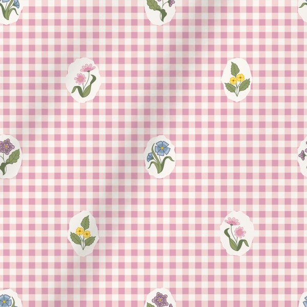 Pink Gingham Floral Fabric, Italian Cotton Sateen Fabric, Extra Wide 116" Fabric