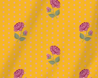 Extra Wide 116" Italian Cotton Sateen Fabric, Pink Roses and Polka Dots on Saffron Yellow Background