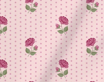 Extra Wide 116" Italian Cotton Sateen Fabric, Pink Roses and Polka Dots Cotton Fabric