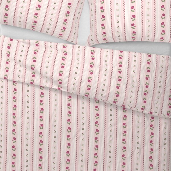 Romantic Pink Rococo Stripe and Roses Duvet Cover and Shams, Cotton Sateen Bedding, Vintage Style