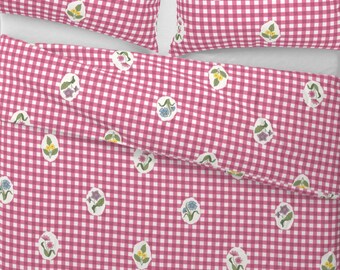 18th Century inspired Fuchsia Pink Gingham Check with Flowers Duvet Cover and Shams, Feminine Duvet Cover and Shams