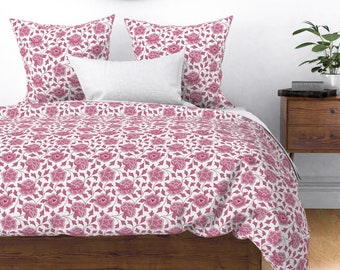 Raspberry Pink Floral Duvet Cover and Shams, Classic Duvet Cover, Chinoiserie Style