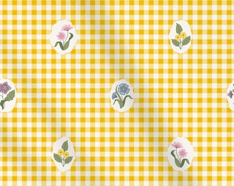 Yellow Gingham Floral Fabric, Italian Cotton Sateen Fabric, Extra Wide 116" Fabric