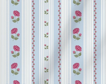 Blue and Off White Rococo Stripe with Roses and Rosebuds Extra Wide 116" Italian Cotton Sateen Fabric