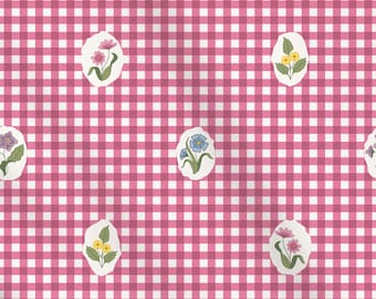 Fuchsia Gingham Floral Fabric, Italian Cotton Sateen Fabric, Extra Wide 116" Fabric