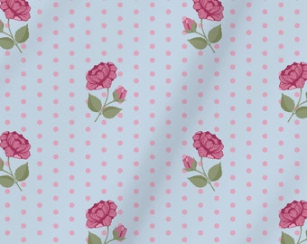 Extra Wide 116" Italian Cotton Sateen Fabric, Pink Roses and Polka Dots on a Blue Background Cotton Fabric