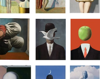 Paneles de tela x 9 paneles René Magritte Paneles de arte surrealista Art Craft / Acolchado / 100% algodón / Apliques