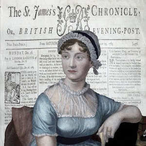 May include: A portrait of a woman in a light blue dress with a white lace collar and a white bonnet. She is holding a pen and a piece of paper. The portrait is set against a background of a newspaper with the title "The St. James's Chronicle, or, British Evening-Post."
