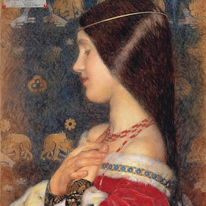 Peut inclure: Portrait de femme de profil, vêtue d'une robe rouge avec un col en fourrure blanche. Elle porte un bandeau doré et un collier. Le fond présente un motif doré et bleu.