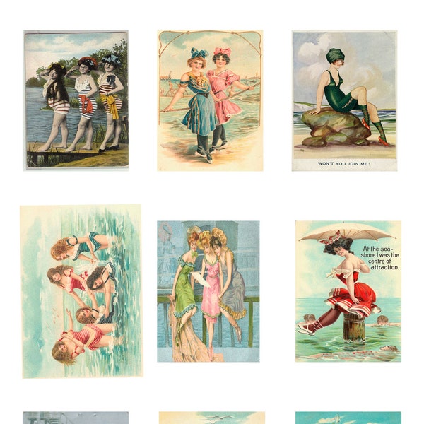 Fabric Panel/Vintage Bathing Beauties  / Set of 9 Panels /Altered Art/ Cards Craft/ Quilting/ 100% Cotton/ Applique