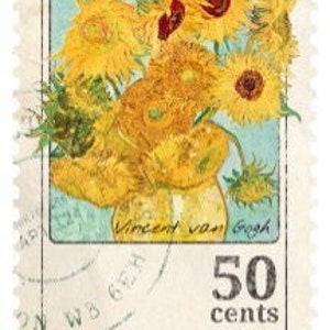 May include: A vintage postage stamp featuring a painting of sunflowers in a vase by Vincent van Gogh. The stamp is yellow, blue, and green with the text "Vincent van Gogh" and "50 cents" printed on it.