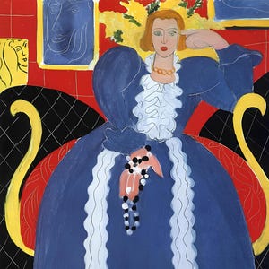 May include: A vibrant painting of a woman in a blue dress with white trim, seated in a chair with yellow arms. The background features red, yellow, and black elements, with artwork on the wall. The woman holds a black and white beaded accessory.