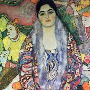 Op de afbeelding: Een schilderij van een vrouw in een kleurrijke jurk met een bontkraag. Ze wordt omringd door andere figuren in een levendige, abstracte stijl.