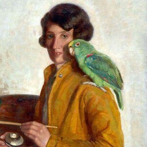 Fabric Panels &quot;Self Portrait  with Parrot &quot;  Vintage Fabric Portrait Quilting, 100% cotton, Applique patch, Craft fabric block
