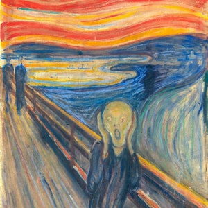 May include: A painting of a person screaming with their hands over their ears. The background is a swirling, vibrant sky with a blue water scene below. The painting is done in a style that is both expressive and emotional.