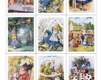 Fabric Panels set of 9; Alice in Wonderland, Vintage Tenniel, Quilting, 100% cotton, blocks, Applique, Craft