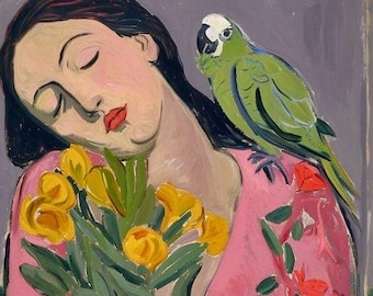 Fabric Panel  Girl with parrots  fabric block French Art Fabric 100% cotton  quilt blocks and applique patches