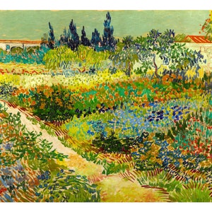 May include: A painting of a garden with a path leading through it. The garden is filled with colorful flowers and plants, including blue, yellow, and red flowers. There are trees in the background, and a white building with a red roof.
