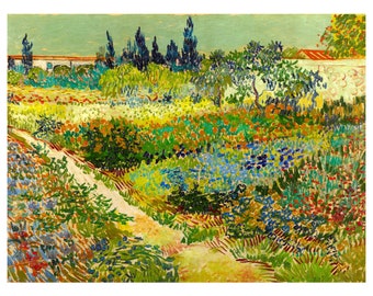 May include: A painting of a garden with a path leading through it. The garden is filled with colorful flowers and plants, including blue, yellow, and red flowers. There are trees in the background, and a white building with a red roof.
