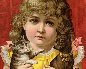 Fabric Panels; Vintage Girl with Cat  Ephemera / Quilting/ 100% Cotton/ Applique fabric Blocks