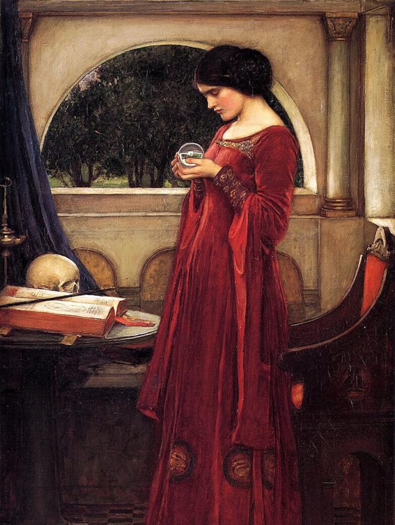 May include: A woman in a red gown holds a crystal ball in her hands. She is standing in a room with a window and a chair. There is a skull and a book on a table in the foreground.
