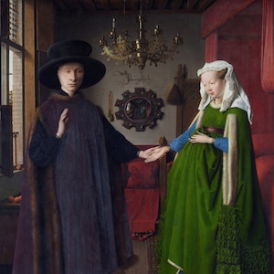 Fabric Panel old master portrait Arnolfini by Van Eyck portrait  fabric   Blocks 100% cotton applique  quilting fabric .