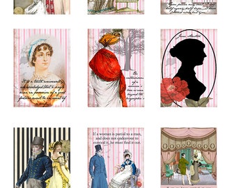 Set of 9 Fabric Panels, Jane Austen, Regency fashion , 100% cotton ATC Journal,Craft Quilt Blocks, Applique Patches