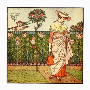 May include: An illustration of a woman in a garden with a watering can. The woman is wearing a white dress with a floral pattern and a large hat. The garden is filled with flowers and plants, including sunflowers with faces. The text "HOW DOES MY-LADY'S GARDEN GROW?" is written at the top of the image.