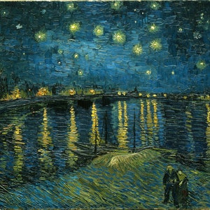 May include: A painting of a starry night sky over a river with a town in the distance. The water reflects the lights of the town and the stars in the sky. Two figures stand on the shore in the foreground.