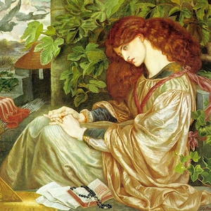 May include: A painting of a woman with long red hair sitting in a garden. She is wearing a long, flowing gown and has a sad expression on her face. She is holding a book and a rosary in her hands. There are birds flying in the background.